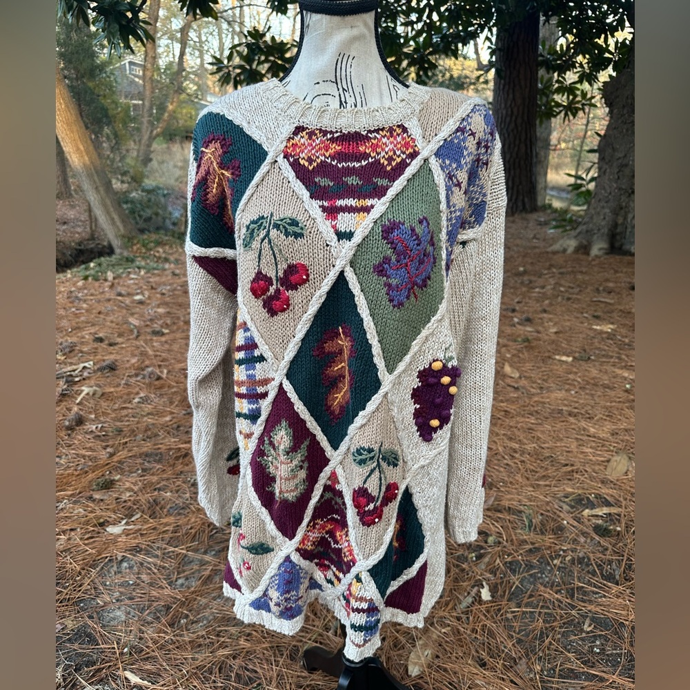 Vintage White Stag Patchwork Knit Sweater Folk Art Cottagecore M Longline Winter - Picture 9 of 16